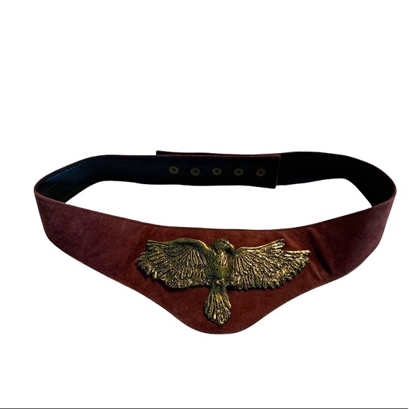 Haute Hippie Accessories - Haute Hippie Leather Eagle Medallion Belt Antique Brass Burgundy Snap Up Suede